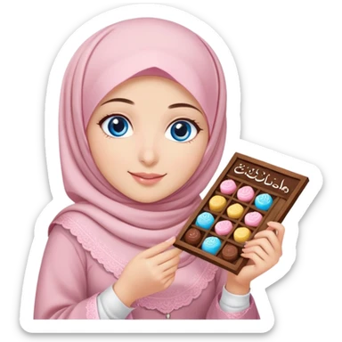 Turkish beautiful finish Konya girl blue eyes with powder pink brown hijab islamic dress and had on her hand text Eid Mubarak with sweets and celebrating with her friends eid days   sticker