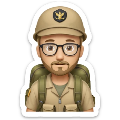 adventurer with goatee beard (no beard on cheeks), short hair, glasses, backwards military tan cap and backpack sticker