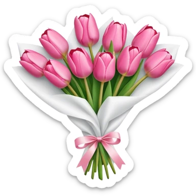 Bouquet of pink tulip wrapped in white paper sticker