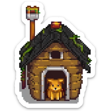 a pixel art broom in a doghouse sticker