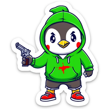 A cute half-dolphin half-penguin thug character with a gun, wearing a blood-splattered green hoodie and Dollar General shorts sticker