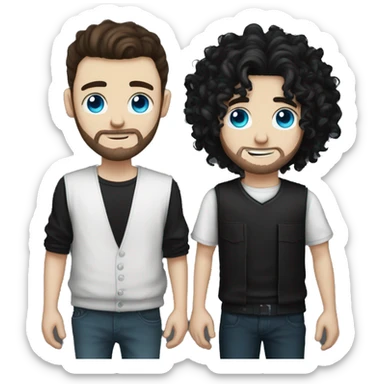 A white goth guy with curly black long back length hair and blue eyes and a brown grunge guy with curly black long back length hair couple and holding hands sticker