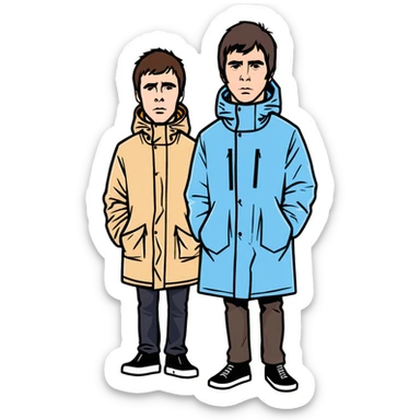 Create me a sticker of oasis band liam gallagher and noel gallagher at her peak (90s)  sticker