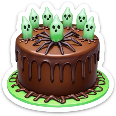 Chocolate Halloween cake with spiders and ghosts on top with webs on the side and green glowing frosting dripping down the sides  sticker