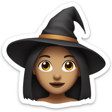 Woman with dark straight hair, hazel eyes, light skin and a witch hat sticker