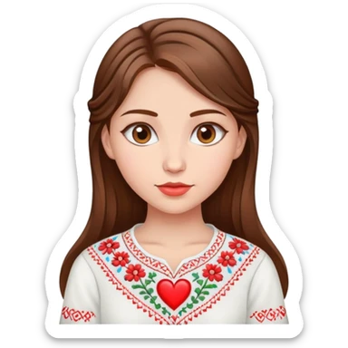 beautiful young girl with brown hair wearing a white Ukrainian embroidered shirt with a big heart design sticker
