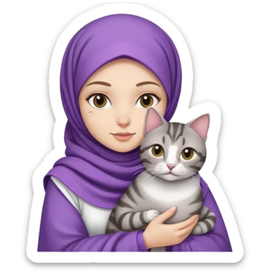 White girl wearing purple hijab with white dress holding a black and grey tabby cat sticker