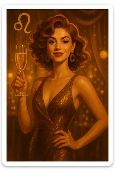 stylish leo woman in a party dress, raising a glass of champagne, confident and radiant expression sticker