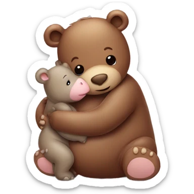 brown teddy bear hugging a baby hippo sticker