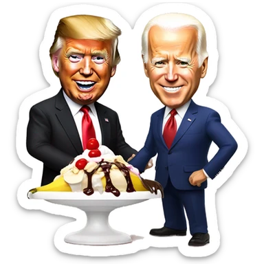 Donald Trump and Joe Biden sharing a giant banana split sundae sticker