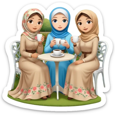 Turkish beautiful finish Konya girls blue eyes with Beautiful beige floral hijab long tail dress and the two friends in a lovely garden sits on the chair on the ground and holds cup coffe with her hand  sticker