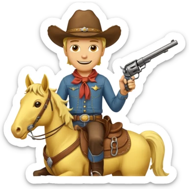 Cowboy riding a horse with revolver. Cowboy With yellow skin and smilling. Simplize it and I need a full pic with horse. Like I need the leg part too sticker