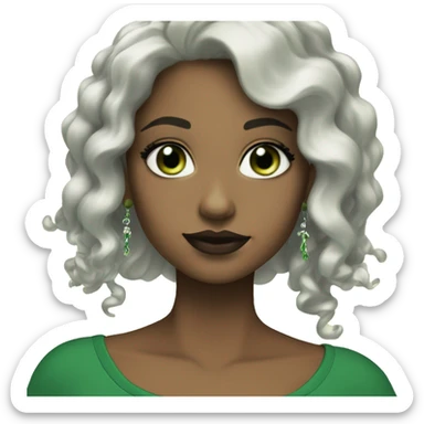 white with very green eyes and black long curly hair, and earrings, and green top, and mascara and lipstick sticker
