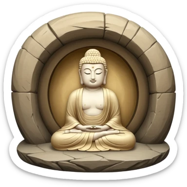 symbolic emoji of Seokguram, round stone cave with seated Buddha statue inside, stone serene atmosphere, expressing sacredness of Korean Buddhism sticker