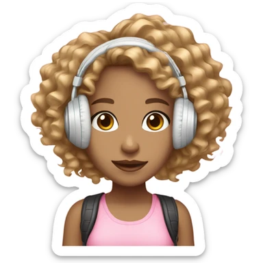 light skin girl with curly brown & blond hair with brown eyes long lashes wearing pink beat headphones sticker
