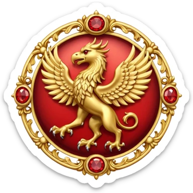 Golden griffin crest / brosch in a circle with red gems and no background sticker