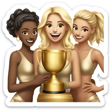 Six beautiful and stylish blonde and Latina models celebrating with 1 huge gold trophy sticker