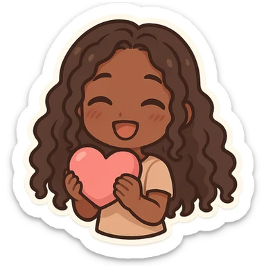 chibi anime black girl with long curly hair, smiling, holding a pink heart, pose 1 sticker