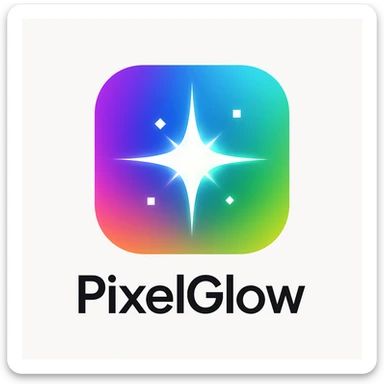 Modern, eye-catching logo for PixelGlow, a futuristic AI image generation app. Rounded square icon with a vibrant multi-color gradient background smoothly transitioning through purple, blue, cyan, green, and orange, resembling a radiant aurora or prism light. Central minimal, bold 8-point starburst or crystal-shard flare evoking magic, creativity, and AI-powered transformation. Clean, scalable, tech-savvy, inspired by Google Gemini and OpenAI branding, with a playful, creative twist. Optional soft glowing edges, slight shadow under the starburst, tiny pixel elements. Background white or off-white for pop. Sleek, glowing, magical, futuristic, minimalistic. sticker