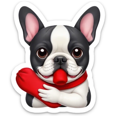 Black and white frenchie eating a red sock  sticker