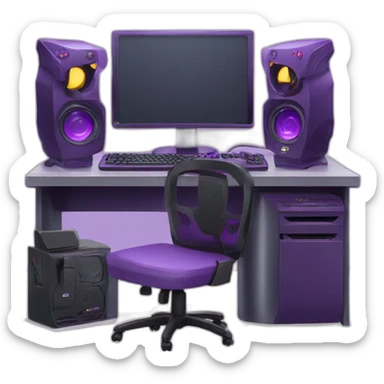 purple gaming setup with gaming pc sticker