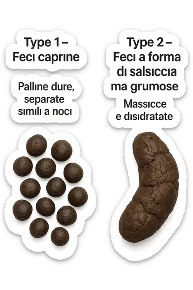 immagine di due tipi di feci iperrealistiche viste dall'alto con descrizione:
Tipo 1 – Feci caprine
Palline dure, separate, simili a noci

Tipo 2 – Feci a forma di salsiccia ma grumose
Massicce e disidratate.
 sticker