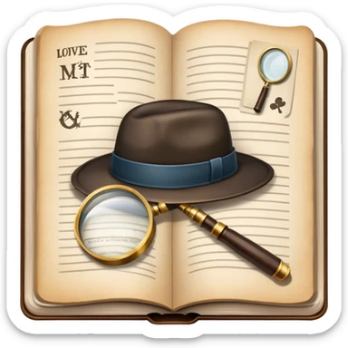 Icon for Detective Reading: an open book with text and a magnifying glass, a detective’s hat and a notebook with clues, surrounded by dark shadows and mysterious elements like footprints. Transparent background. sticker