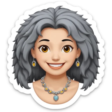 Female with very big Silver Necklace, grey skin,Black full fuzzy hair, more bright silver,highlight necklace, different expressions. sticker