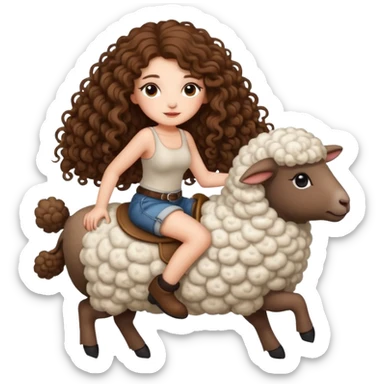 cute woman long curly brown hair tattoos riding fluffy sheep sticker