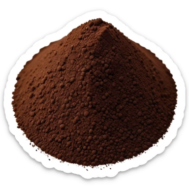 small mound or loose scatter of fine, dark brown to nearly black vanilla powder with a soft, matte texture, tiny granules evenly spread, rich aromatic quality, soft lighting, subtle shadows, emoji scale sticker