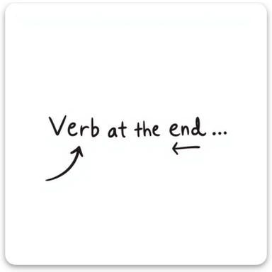 fun and clear emoji symbolizing the German verb-at-the-end rule, showing a cartoon German sentence with the verb at the end emphasized with an arrow or highlight sticker