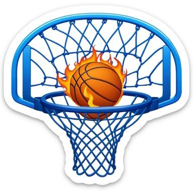 Blue basketball with flames effect passing through net, dramatic sports moment, iOS emoji style sticker