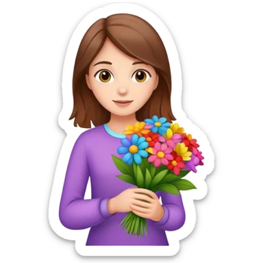 brown-haired girl holding a colorful bouquet of flowers sticker