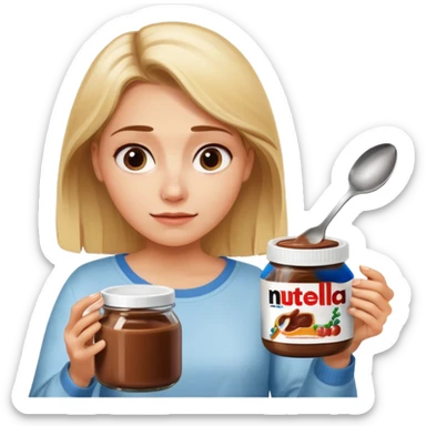Nutella with a spoon. The glas of Nutella is almost empty . Only the one carriage of Nutella. Next to the Nutella is the head of a blond woman who is looking forward to eat the Nutella  sticker