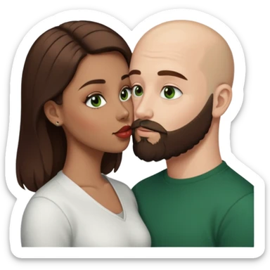 Man beard bald white dark green eyes, woman medium hair brown brown eyed latina kissing sticker