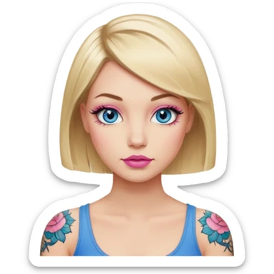 Woman, Blonde hair Medium blunt bob, blue eyes with doe lashes, pink lips, tattoo on arms sticker