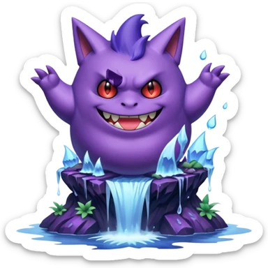gengar from pokemon on a huge waterfall using poison magic sticker