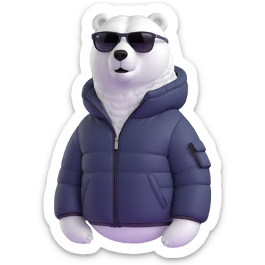 polar bear wearing a white puffer jacket and sunglasses  sticker