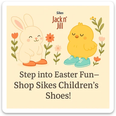 Make the Sikes Children's Shoes logo even smaller so it is subtle and not dominant. Keep the pastel background, bunny and chick with shoes, floral accents, and the headline: 'Step into Easter Fun—Shop Sikes Children’s Shoes!'. Logo should remain in the same position, just smaller than before. sticker