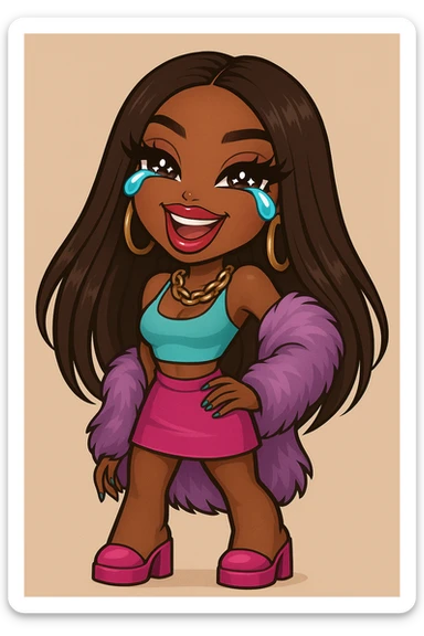 Make the character look like a 20-year-old woman in anime Bratz style with dark skin, dark hair, crying laughing expression, big expressive eyes, and glossy lips. sticker