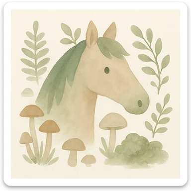 Add more forest details around the cute horse head, such as ferns, moss, mushrooms, and leafy branches, in watercolor style with soft brush strokes, green and brown tones, and a whimsical look. sticker