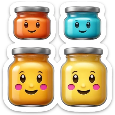 two small glass jars with metal lids filled with colorful purée no label or extras soft lighting subtle shadows emoji scale sticker