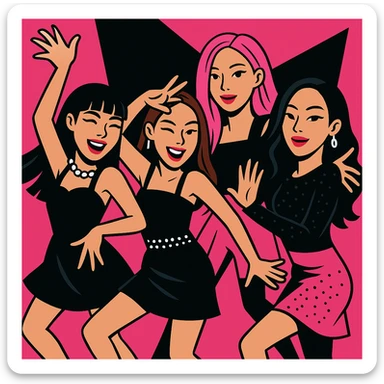 Make the Blackpink group pose even more dynamic, with energetic dance moves and expressive gestures, vibrant toon style sticker