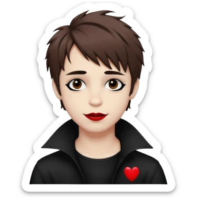 Happy pale Goth boy with shaggy brown hair, and messy black eyeliner , smudged, red, lipstick  sticker