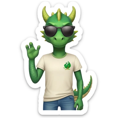 friendly anthropomorphised green dragon in a sports t-shirt and jeans with dark sunglasses, relaxed pose sticker