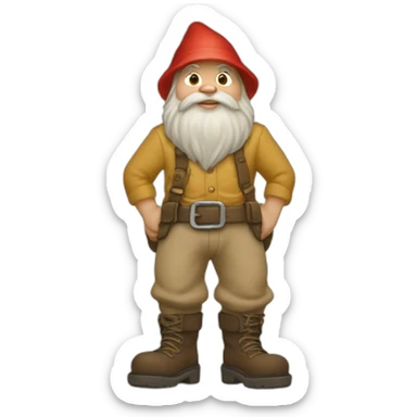side view of gnome with light tan pants and boots squatting above small dirt sticker