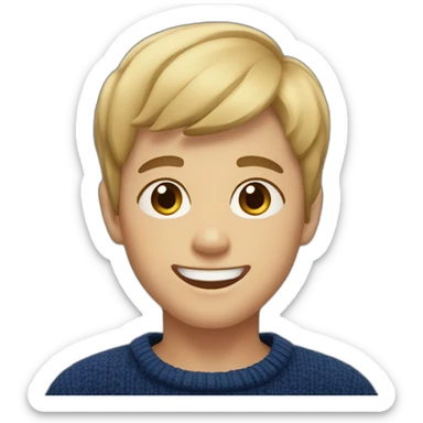 young blonde boy with short hair and dark blue sweater smiling with brown eyes sticker