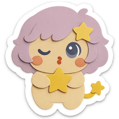 Make the eyes exactly the same in color, shape, and style as the reference image, with no differences. Make the blush on the cheeks exactly the same color as the reference image, and ensure the blush appears on both sides of the face. Keep the hair color, yellow star in hair, no moon, full body, paper craft style, blowing kiss pose with a wink, clean lines, and transparent background. Only adjust the eyes and blush to match the reference image exactly. sticker