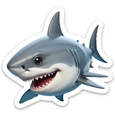 Cinematic Comical Great White Shark Portrait Emoji, Head tilted dramatically with an exaggeratedly shocked expression, featuring its iconic pointed snout, wide, comically expressive eyes, and a sleek body with a prominently defined dorsal fin, Simplified yet hilariously expressive features, highly detailed, glowing with a slightly sassy oceanic glow, high shine, dramatic yet playful, stylized with an air of cheeky marine mischief, soft glowing outline, capturing the essence of a meme-worthy great white shark that looks ready to side-eye its way into viral fame! sticker