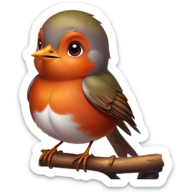 Cinematic Cute Robin Portrait Emoji, Head tilted playfully and inquisitively, featuring a charming, petite form with a vibrant red breast, round, sparkling eyes full of gentle mischief, and a delicate, beak-like smile, Simplified yet irresistibly adorable features, highly detailed, glowing with a warm, inviting glow, high shine, affectionate and lively, stylized with a touch of whimsical woodland charm, soft glowing outline, capturing the essence of a mischievous yet endearing robin that seems as if it could sing out of the screen into your heart! sticker